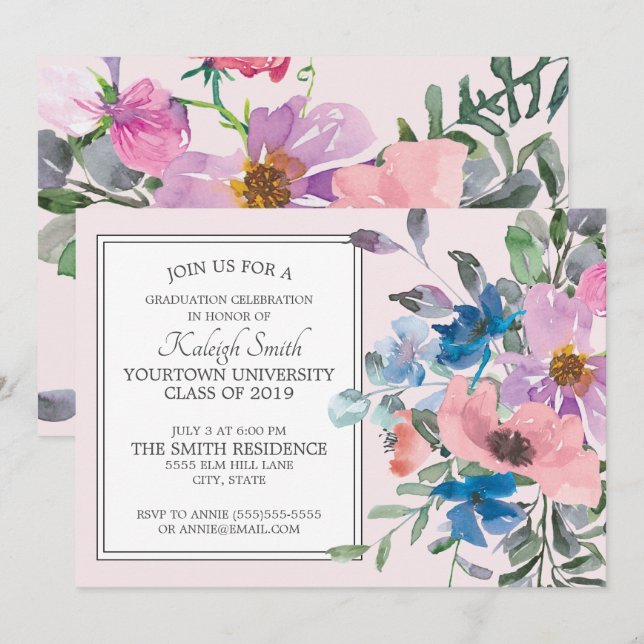 Elegant Garden Purple Pink Floral Grad Party Invitation (Front/Back)