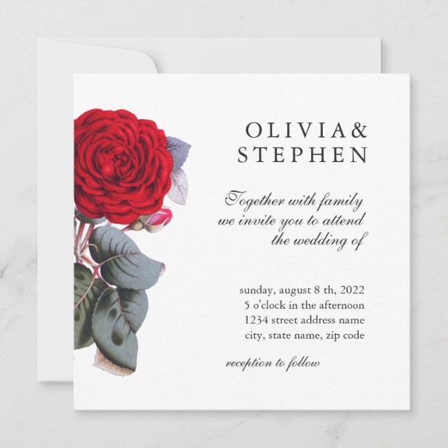 Elegant garden red rose. Beautiful Floral Wedding Invitation (Front)