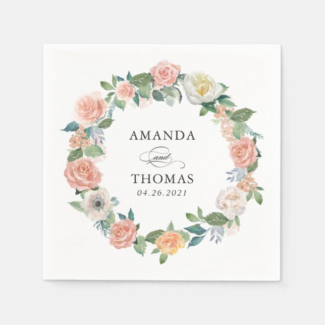 Elegant Garden Roses Floral Wreath Wedding Napkin (Front)