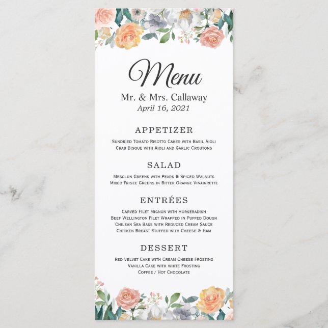 Elegant Garden Roses Peonies Floral Wedding Menu (Front)