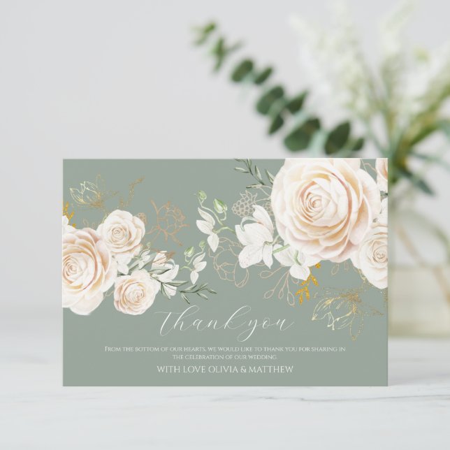 Elegant Garden Roses Sage Green Gold Wedding Thank You Card (Standing Front)