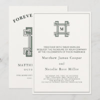Elegant Garden Sage Green Ivory Greek Key Monogram
