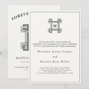 Elegant Garden Sage Green Ivory Greek Key Monogram Invitation