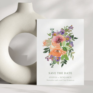 Elegant Garden Watercolor Floral Purple Orange Save The Date