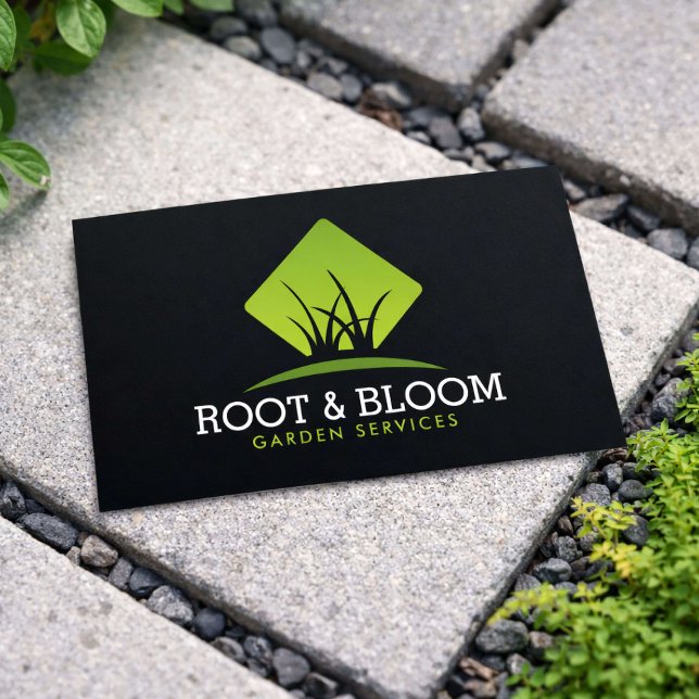 Elegant Gardener Green Grass Logo Minimal Black Business Card (Creator Uploaded)