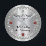 Elegant Garnet Diamonds 2nd Wedding Anniversary Round Clock<br><div class="desc">Opulent elegance frames this 2nd wedding anniversary design in a unique scalloped diamond design with centre teardrop diamond with heart-shaped sapphire accents and faux added sparkles on a silver-tone gradient. Please note that all embellishments are printed and are only made to appear as real as possible in a flat, printed...</div>