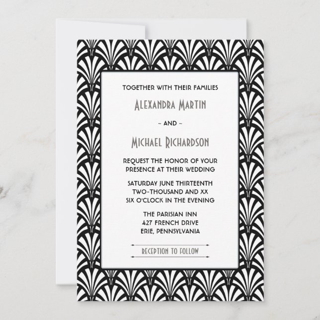 Elegant Gatsby Art Deco Black and White Wedding Invitation (Front)