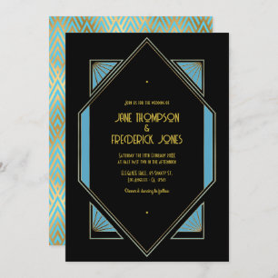 Elegant Gatsby Art Deco Blue & Gold Wedding Photo Invitation