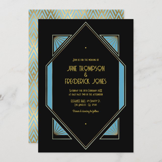 Elegant Gatsby Art Deco Blue & Gold Wedding Photo Invitation (Front/Back)