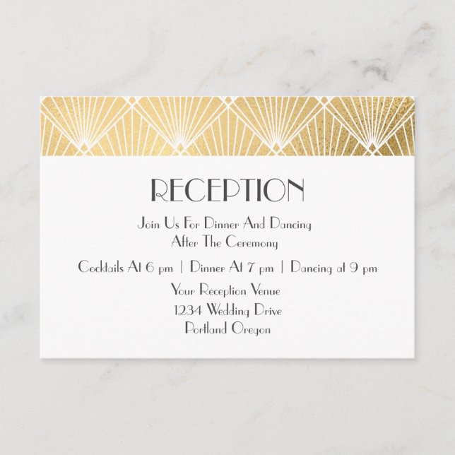 Elegant Gatsby Art Deco Gold Wedding Reception Enclosure Card (Front)