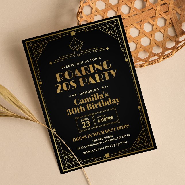 Elegant Gatsby Art Deco Roaring 20s Black Gold Invitation (Creator Uploaded)