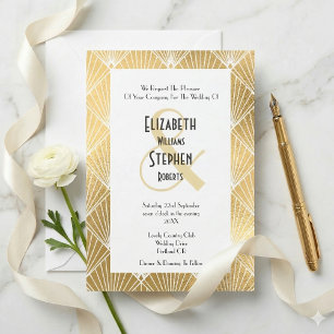 Elegant Gatsby Art Deco White & Gold Wedding Invitation