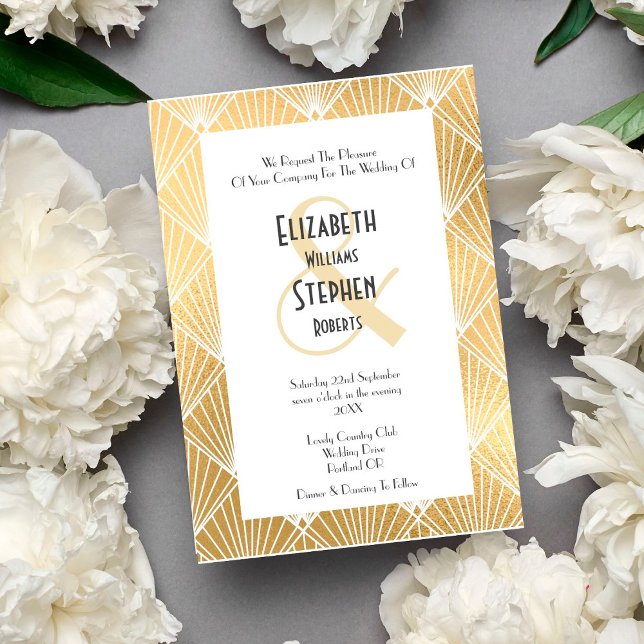Elegant Gatsby Art Deco White & Gold Wedding Invitation (Creator Uploaded)
