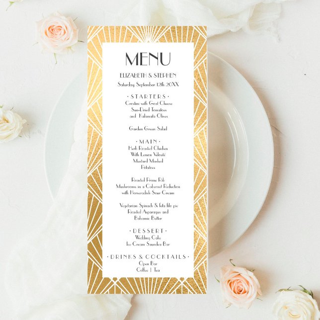 Elegant Gatsby Art Deco White & Gold Wedding Menu (Creator Uploaded)