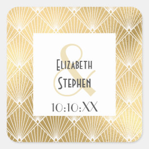Elegant Gatsby Art Deco White & Gold Wedding Squar Square Sticker