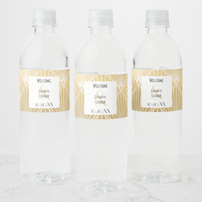 Elegant Gatsby Art Deco White & Gold Wedding  Water Bottle Label (Bottles)