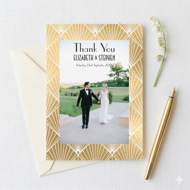 Elegant Gatsby Deco 1920 2  Photo Wedding Thankyou Thank You Card (Creator Uploaded)
