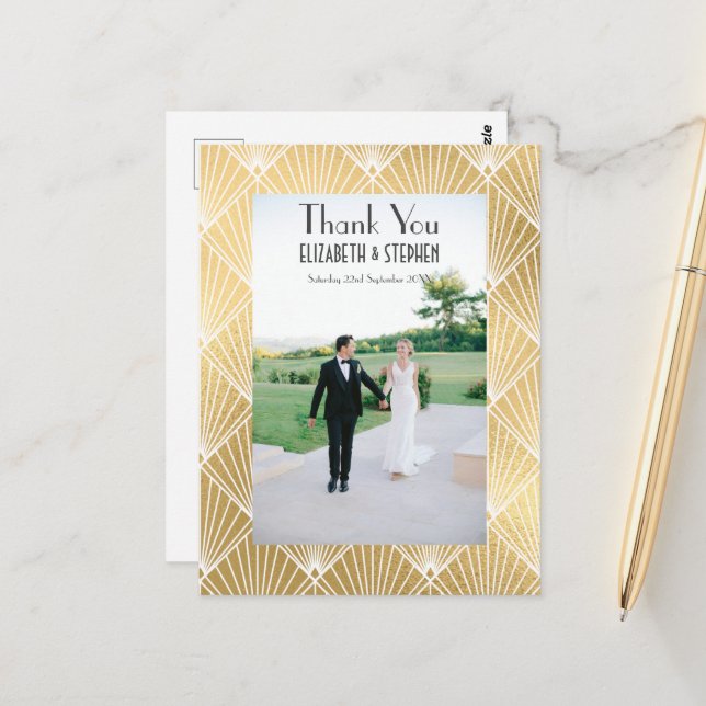Elegant Gatsby Deco 1920's  Photo Wedding Thankyou Postcard (Front/Back In Situ)