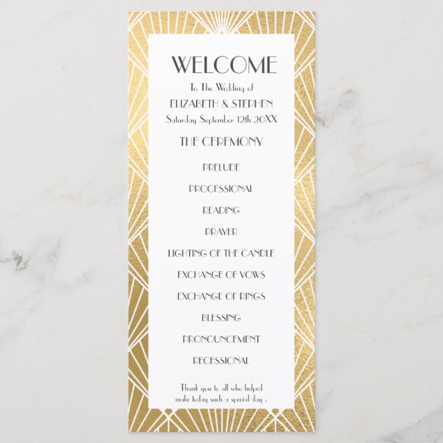 Elegant Gatsby  Deco White & Gold Wedding Program Programme (Front)