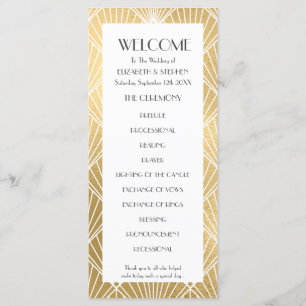 Elegant Gatsby  Deco White & Gold Wedding Program Programme