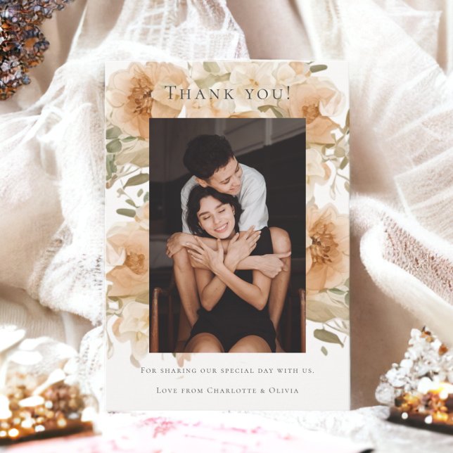 Elegant Gay Floral Wedding Two Brides Thank You Card (Elegant Gay Floral Wedding Two Brides Thank You Card from Ricaso. Muted green & peach tones)