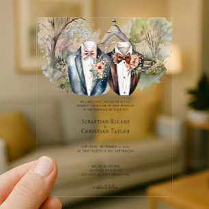 Elegant Gay Garden Wedding Two Grooms in Suits Acrylic Invitations