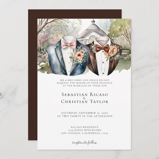 Elegant Gay Garden Wedding Two Grooms in Suits Invitation (Front/Back)