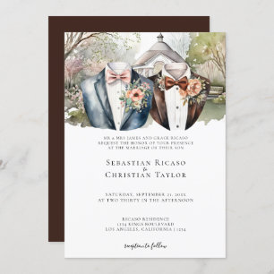 Elegant Gay Garden Wedding Two Grooms in Suits Invitation