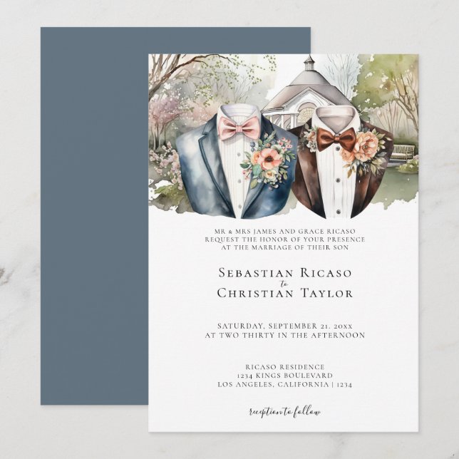 Elegant Gay Garden Wedding Two Grooms in Suits Invitation (Front/Back)