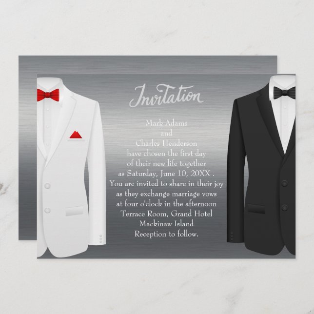 Elegant Gay Wedding Invitation Silver Tuxedos (Front/Back)
