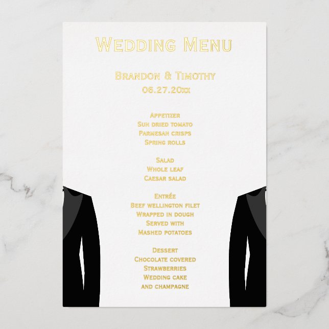 Elegant Gay Wedding Real Gold Foil Menu Cards (Front)
