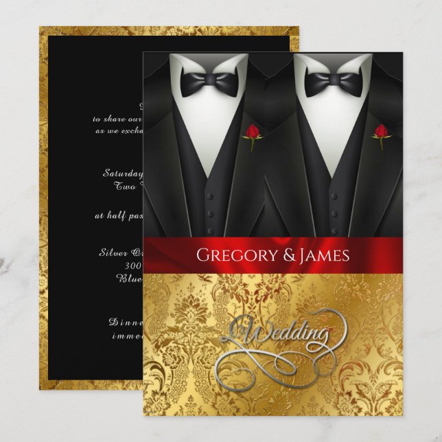 Elegant Gay Wedding Tuxedo Red Rose Invitation (Front/Back)