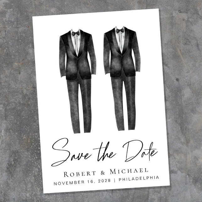 Elegant Gay Wedding Tuxedo Watercolor Save The Date (An elegant Save the Date announcement to set the tone for an unforgettable event)
