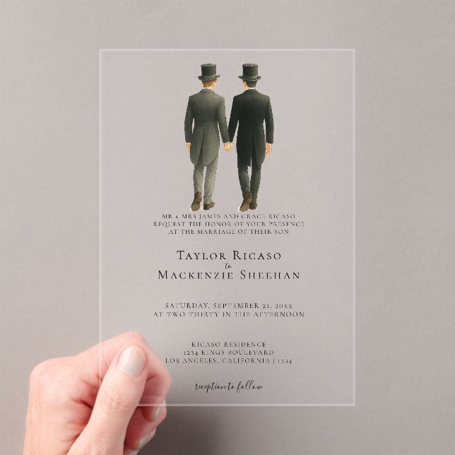 Elegant Gay Wedding Two Grooms in Morning Suits Acrylic Invitations (Insitu (Handheld))