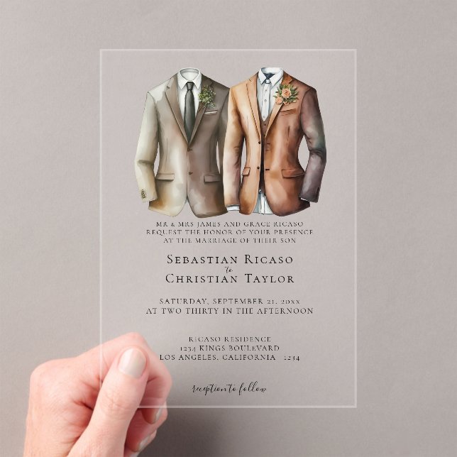 Elegant Gay Wedding Two Grooms in Suits Acrylic Invitations (Insitu (Handheld))