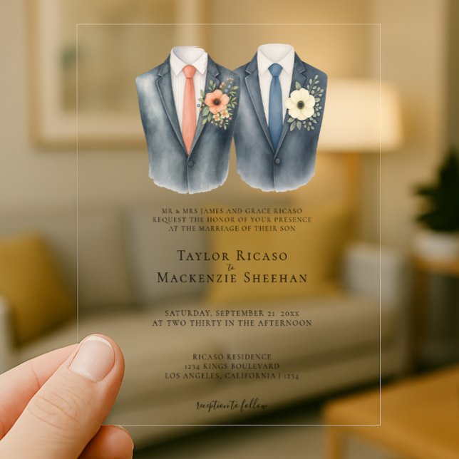 Elegant Gay Wedding Two Grooms in Suits Acrylic Invitations (Elegant Gay Wedding Two Grooms in Suits Acrylic Invitations by Ricaso. Same sex wedding invites)
