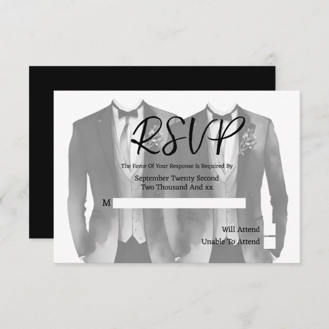 Elegant Gay Wedding Two Grooms in Suits RSVP Card (Front/Back)