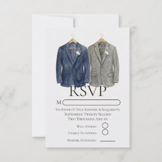 Elegant Gay Wedding Two Grooms in Suits RSVP Card