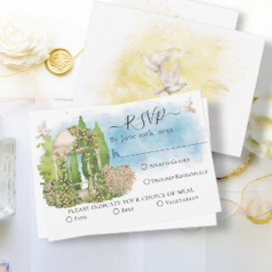 Elegant Gazebo flowers, doves Summer Wedding RSVP Card