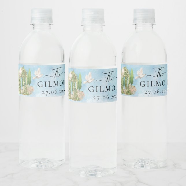 Elegant Gazebo flowers doves Wedding Luxury Sparkl Water Bottle Label (Bottles)