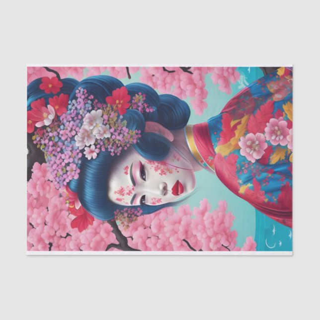 Elegant Geisha And Cherry Blossom Tissue Paper (Front)