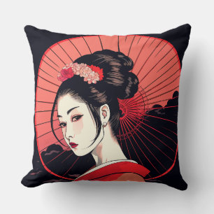 Elegant Geisha Art with Red Umbrella and Floral Ki Cushion