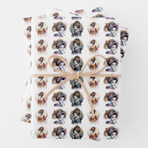 Elegant Geisha Pattern – Watercolor and Vintage As Wrapping Paper Sheet