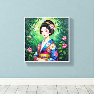 Elegant Geisha Wall Art – Floral Kimono Portrait