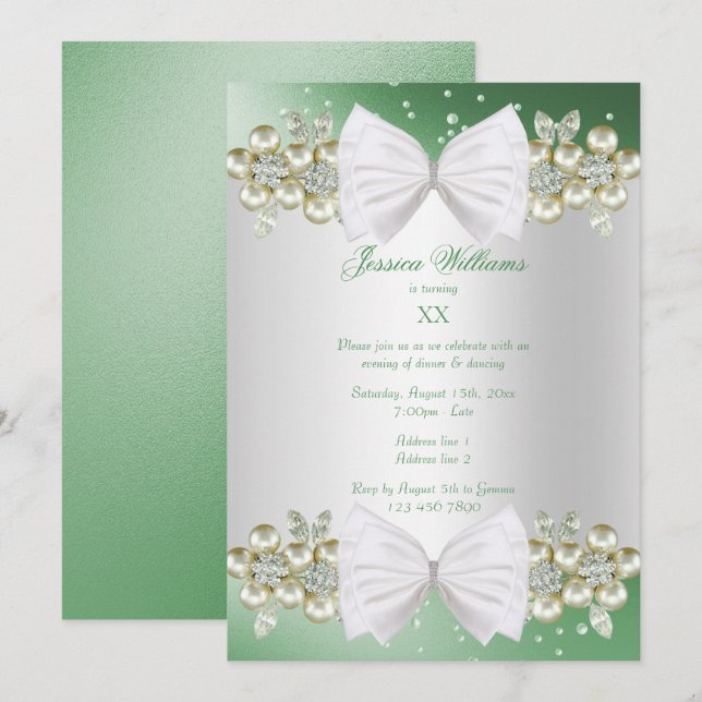 Elegant Gems & Bow Green Birthday Invitation (Front/Back)
