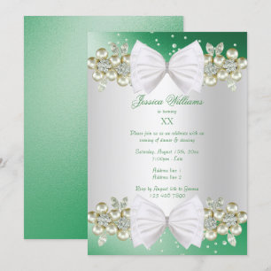 Elegant Gems & Bow Green Birthday Invitation