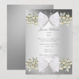 Elegant Gems & Bow Silver Birthday Invitation