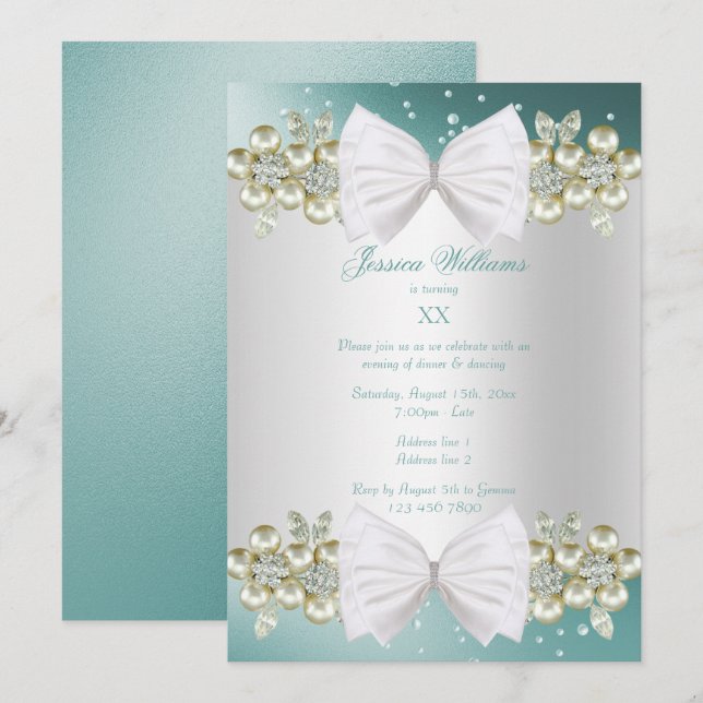Elegant Gems & Bow Teal Birthday Invitation (Front/Back)