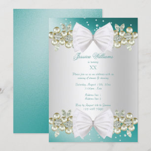 Elegant Gems & Bow Teal Birthday Invitation