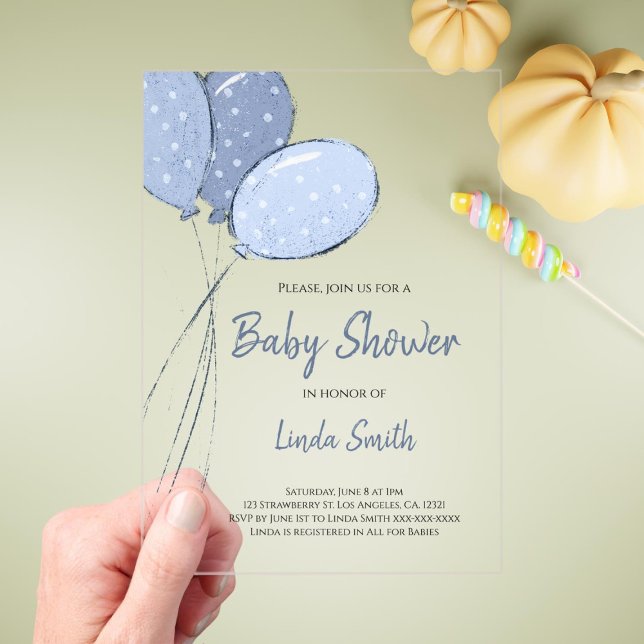 Elegant Gender Neutral Blue Balloons Baby Shower Acrylic Invitations (Creator Uploaded)